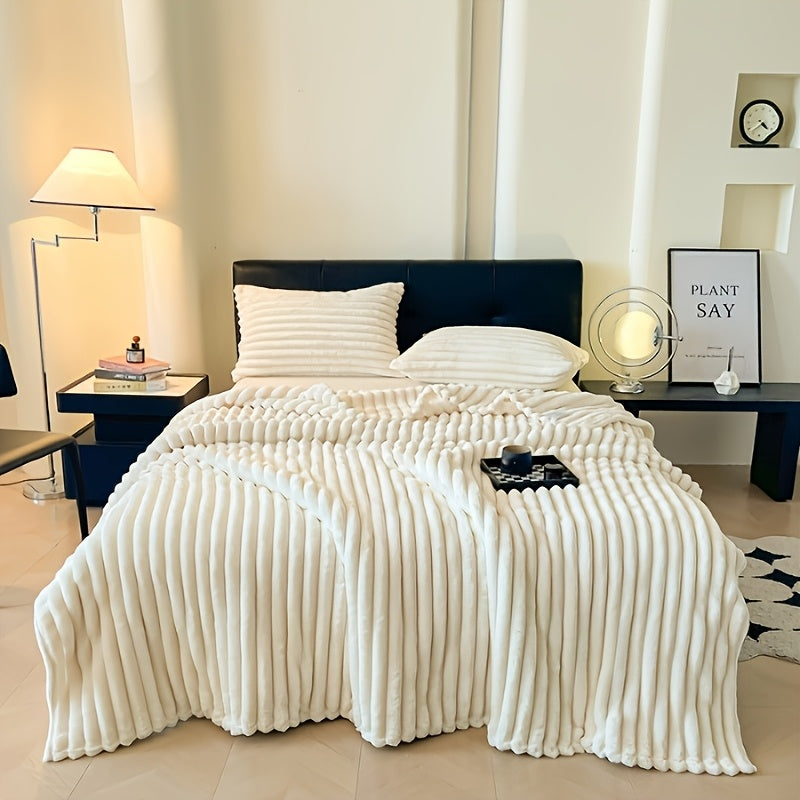 1pc Flannel Bedspread\u002FBlanket - 30 Thread Count Soft Bed Cover, Luxury Elegant Striped Bedspread Suitable for - Cozy Bedspread or Couch Throw, Machine Washable Bedding