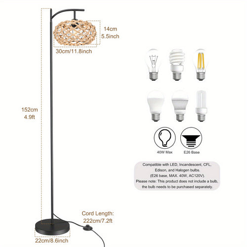 1pc Farmhouse Hemp Rope Metal Lampshade Floor Lamp with E26 Socket Footswitch Standing Pole Light for Living Room, Sofa, Reading, Office, Study, Bedroom