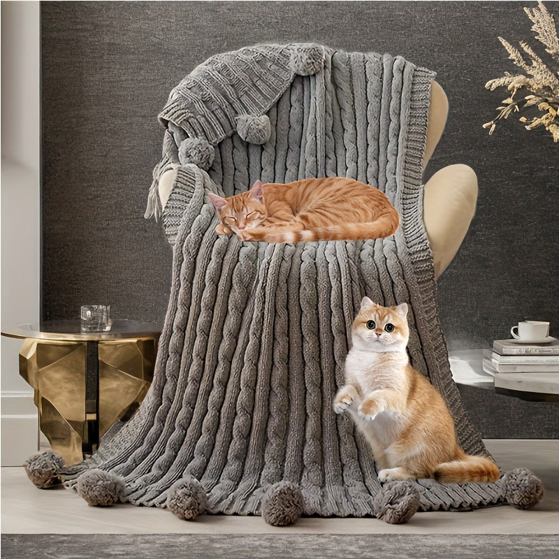 Ultra Soft Chenille Cable Knit Throw Blanket With Handmade Pom Poms Cozy Fluffy Knitted Blanket Lightweight Warm Woven Farmhouse Blanket For Bed Sofa Couch For Trips Camping Backpacking 50x60 Inches