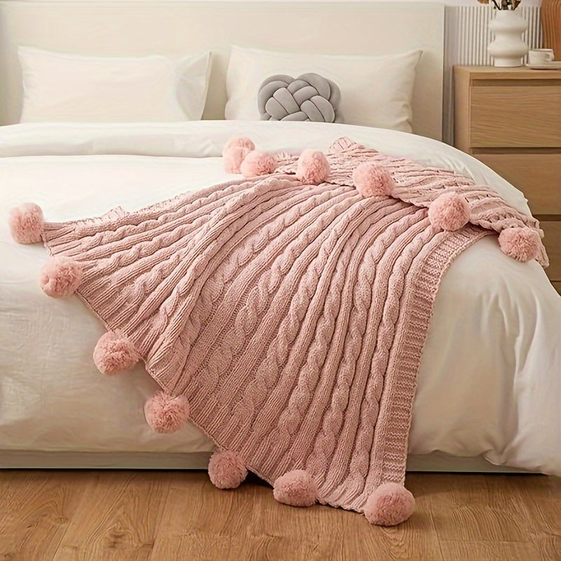 Ultra Soft Chenille Cable Knit Throw Blanket With Handmade Pom Poms Cozy Fluffy Knitted Blanket Lightweight Warm Woven Farmhouse Blanket For Bed Sofa Couch For Trips Camping Backpacking 50x60 Inches