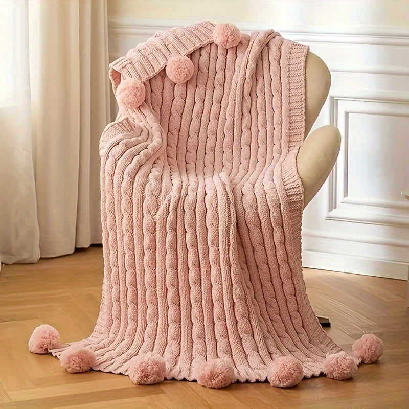 Ultra Soft Chenille Cable Knit Throw Blanket With Handmade Pom Poms Cozy Fluffy Knitted Blanket Lightweight Warm Woven Farmhouse Blanket For Bed Sofa Couch For Trips Camping Backpacking 50x60 Inches