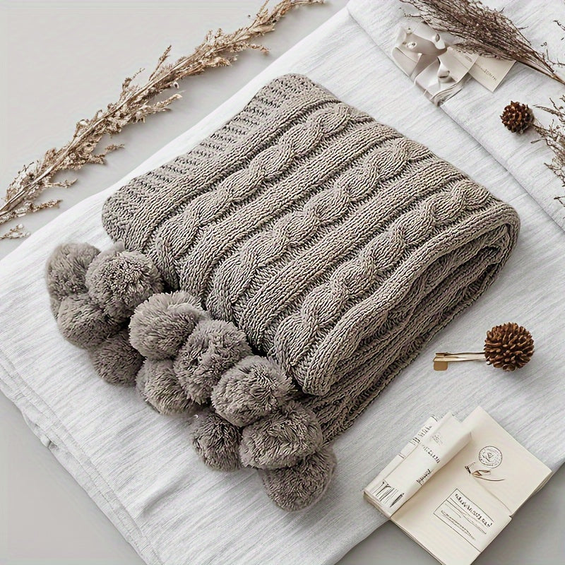 Ultra Soft Chenille Cable Knit Throw Blanket With Handmade Pom Poms Cozy Fluffy Knitted Blanket Lightweight Warm Woven Farmhouse Blanket For Bed Sofa Couch For Trips Camping Backpacking 50x60 Inches