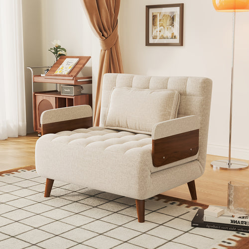 1pc Convertible Sofa Bed, Cotton And Linen Modern Sofa, 3in 1 Futon Sofa Bed Chair, Living Room Apartment Multi-functional Retractable Bed (beige\u002Fcoffee)