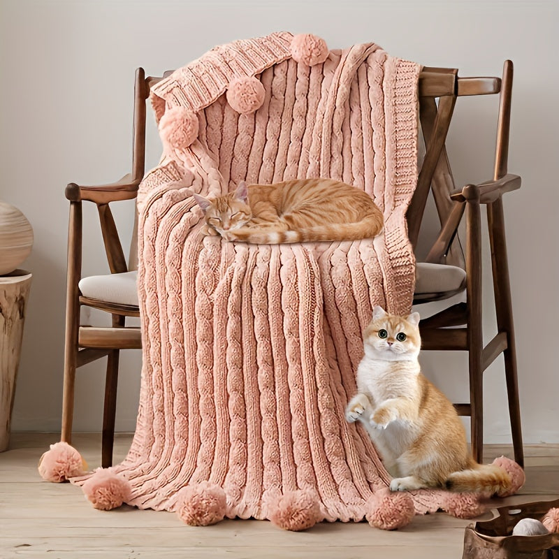 Ultra Soft Chenille Cable Knit Throw Blanket With Handmade Pom Poms Cozy Fluffy Knitted Blanket Lightweight Warm Woven Farmhouse Blanket For Bed Sofa Couch For Trips Camping Backpacking 50x60 Inches