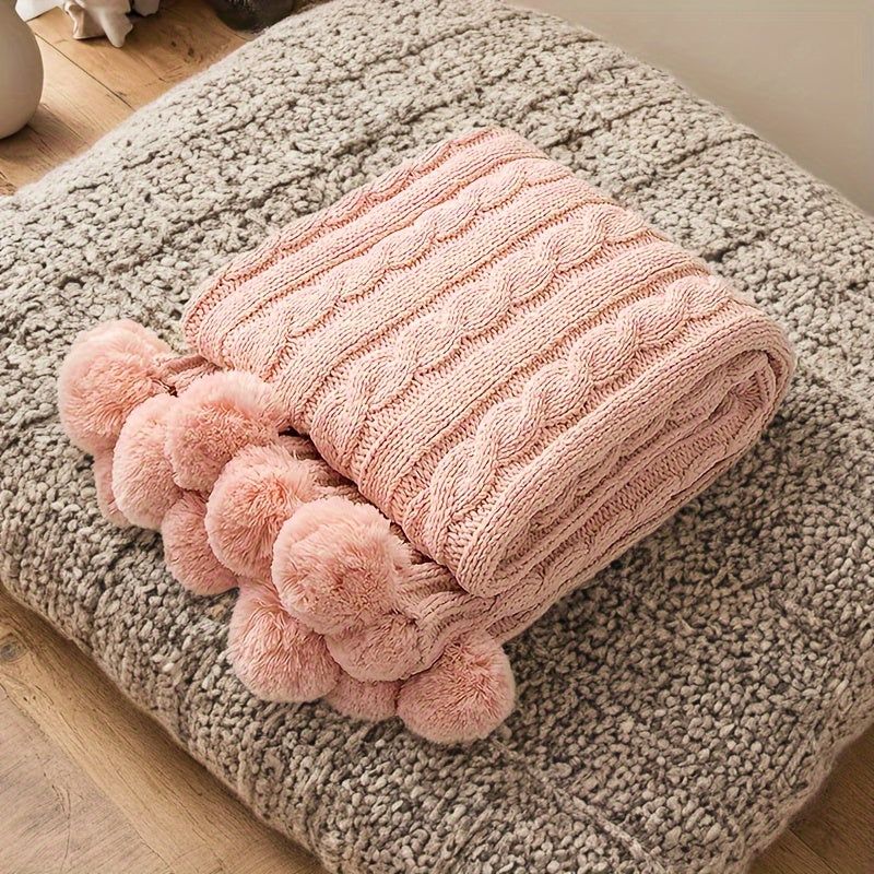 Ultra Soft Chenille Cable Knit Throw Blanket With Handmade Pom Poms Cozy Fluffy Knitted Blanket Lightweight Warm Woven Farmhouse Blanket For Bed Sofa Couch For Trips Camping Backpacking 50x60 Inches